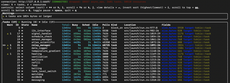 Screenshot of tokio-console during execution of the main application.
